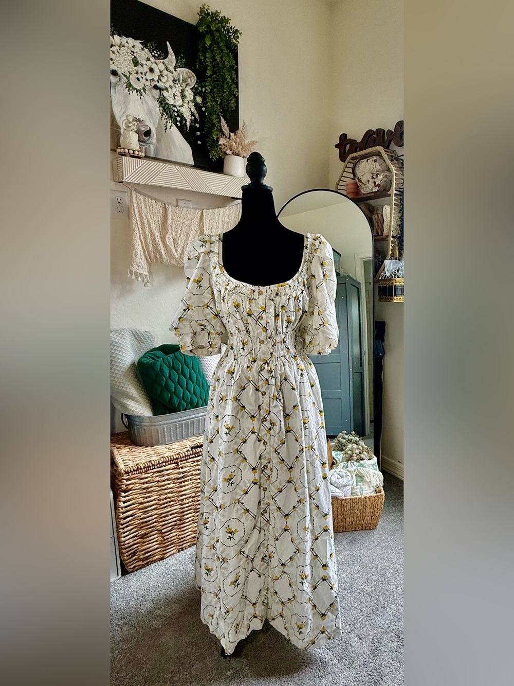 Anthropology White & yellow Floral Puff-Sleeve Midi Dress